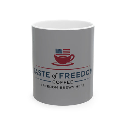 Taste of Freedom Coffee Mug — Americana 11oz/15oz Ceramic Mug with Flag Logo (“Freedom Brews Here”)